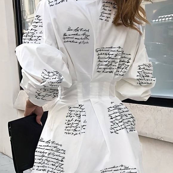 White Script Print Shirt Dress – XXL Long Sleeve Button-Down Mini - Picture 3 of 7
